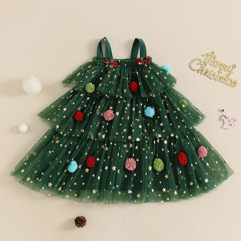 Cute Christmas Kids Girl Mesh Lace Dress Print Sleeveless Layered Tulle Dress Plush Ball Hat Xmas Costume Clothes