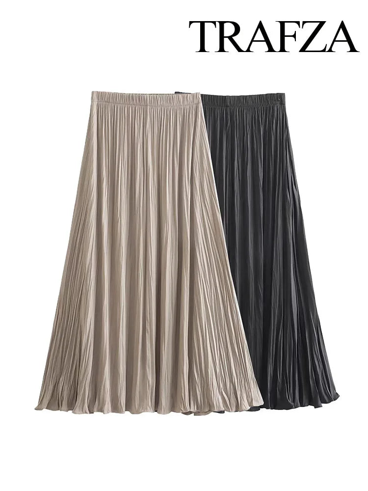 TRAFZA 2024 Summer Elegant Long Skirts Women's Trendy Solid Color Folds Elastic Waist Female New Fashion Casual Loose Skirts