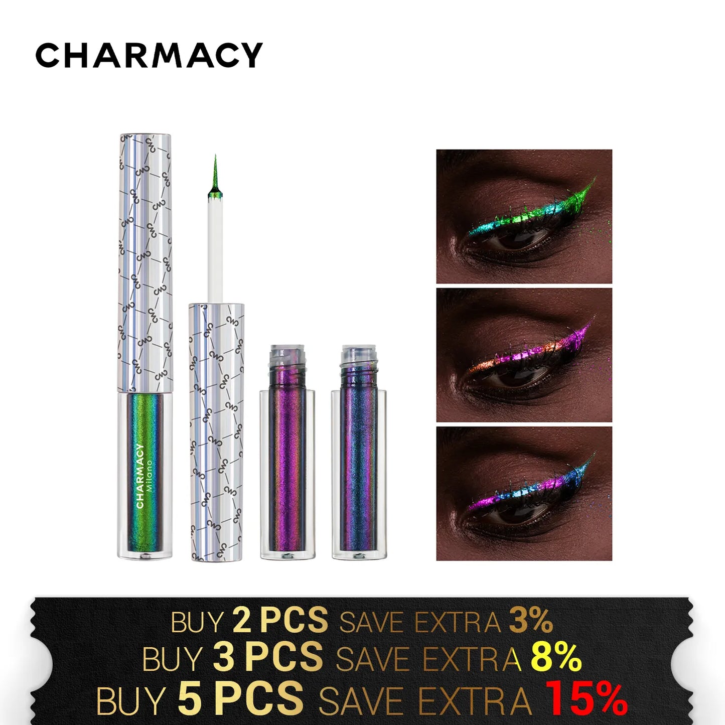 CHARMACY Duochrome Glitter Liquid Eyeliner Waterproof Long-lasting Ultra-Fine Tip Smudge-proof Eye Liner Makeup for Women