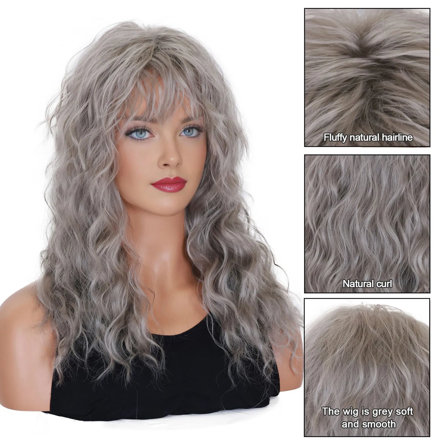 BCHR Grey Wigs with Bangs Long Curly Synthetic Wigs for Women Daily Cosplay Party Halloween Costume (Grey 20Inches)