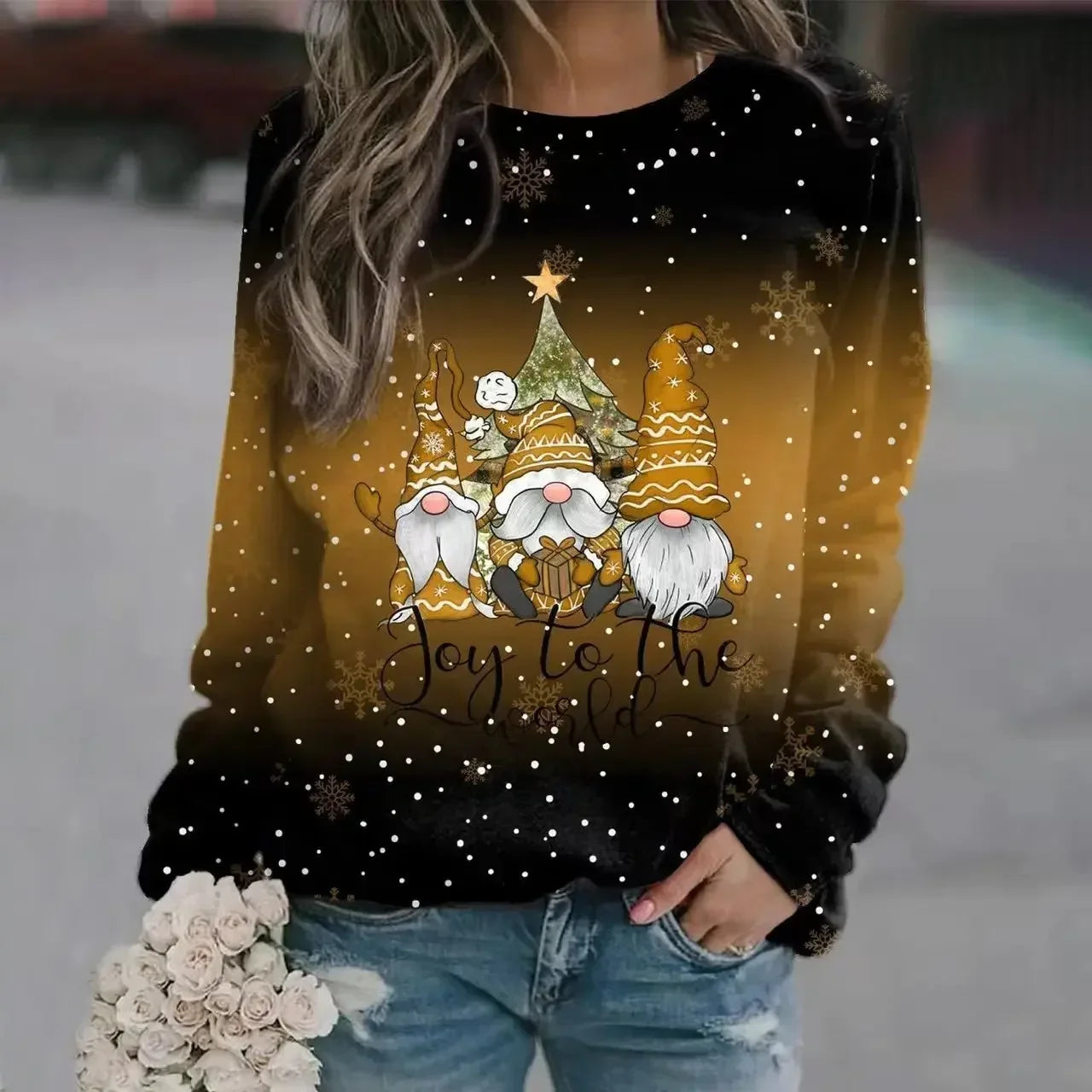 Autumn Women's S-3XL Christmas Theme Anime Cartoon Print Fashion Loose Hoodie Jacket Round Neck Mid Length Sweater