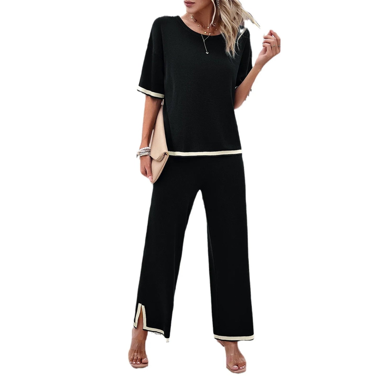 Fashion Women's Clothing 2024 Spring and Summer Casual Short-Sleeved Wide-Leg Pants Knitted Suit Костюм Женский