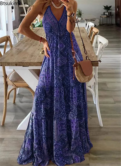 2024 Women's Summer Boho Long Dresses Elegant V Neck Party Dresses Vintage Printed Sleeveless Sexy Slim Maxi Beach Dress Mujer