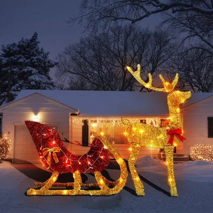 Lighted Christmas Reindeer and Sleigh Outdoor Yard Decoration Set with Lights Stakes Holiday Decorations Ornament Xmas New Year