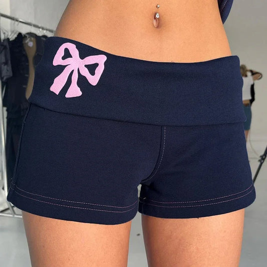 Low Waist Women Slim Short Pants Y2K Casual Bow Print Shorts Vintage Chic Aesthetic Elastic Waist Cute Bottoms