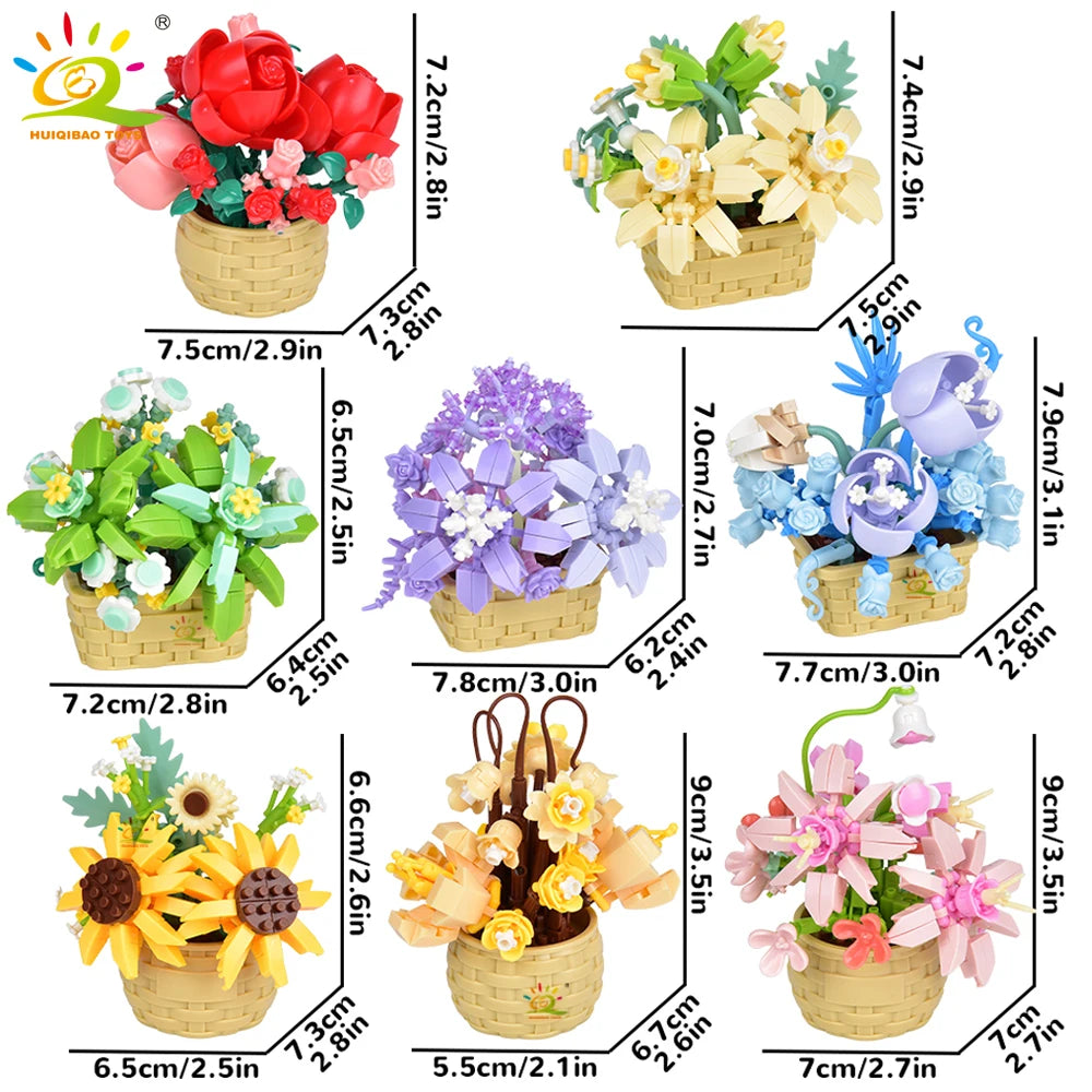 HUIQIBAO Eternal Flower Model Bouquet Potted Plant Micro Building Blocks MOC DIY Home Desk Decoration Brick Toy For Children