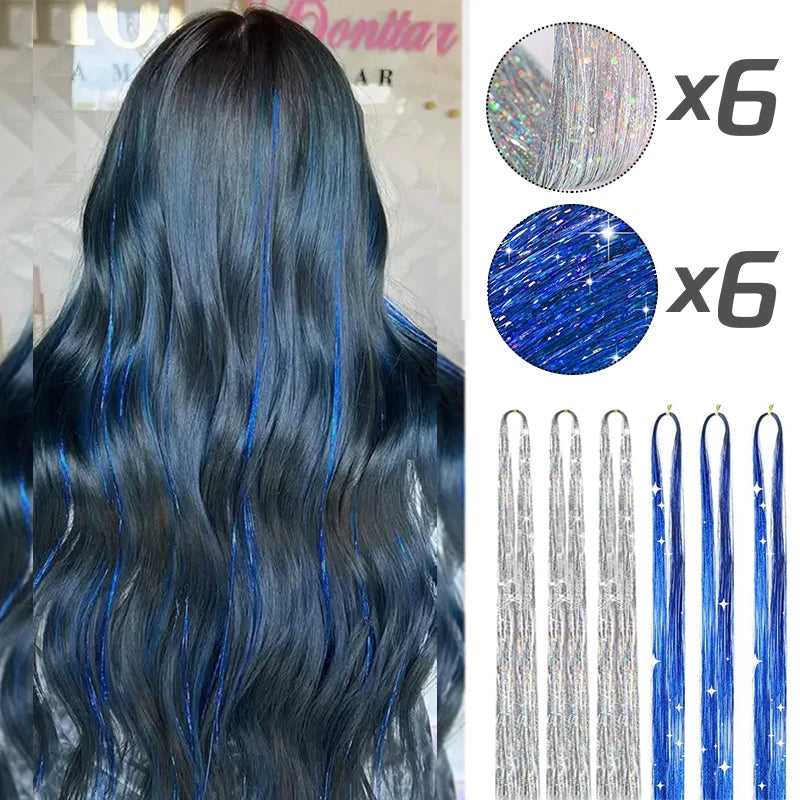 Tinsel Hair Extension 12pcs Glitter Sparkling Shinny Fairy Hair Accessories for Women and Girls for Christmas New Year Halloween