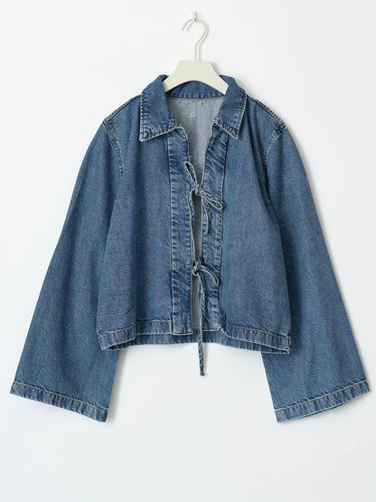 Women s Denim Tie Front Jacket Lapel Neck Solid Color Long Sleeve Casual Crop Fall Coat