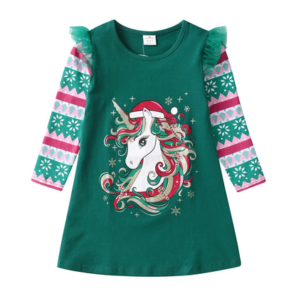 DXTON Girls Unicorn Cartoon Print Cotton Casual Straight Dress Kids Green Christmas Snowflakes New Year Gift Party Dresses