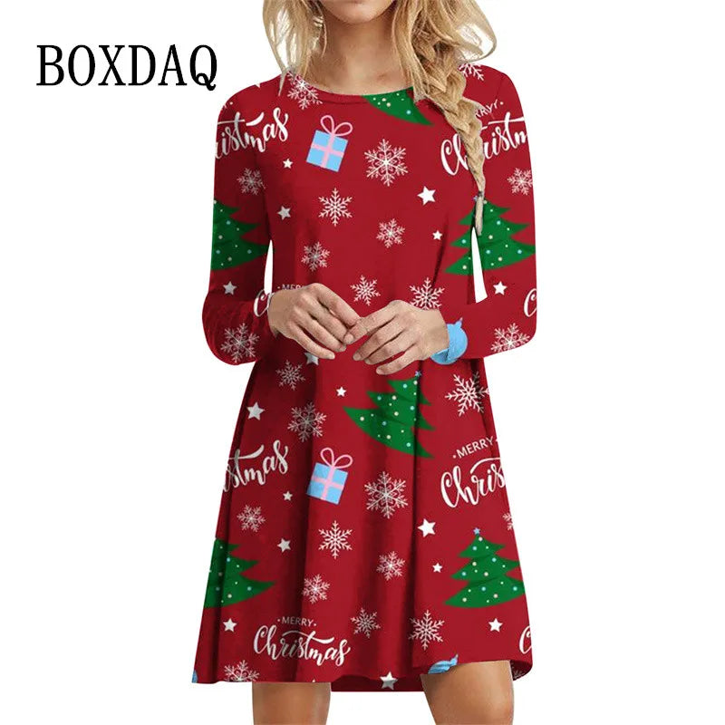 Winter Party Christmas Tree Dress Elegant Women X-Mas Snowflake Print A-Line Dress Autumn Casual Long Sleeve Oversized Clothing