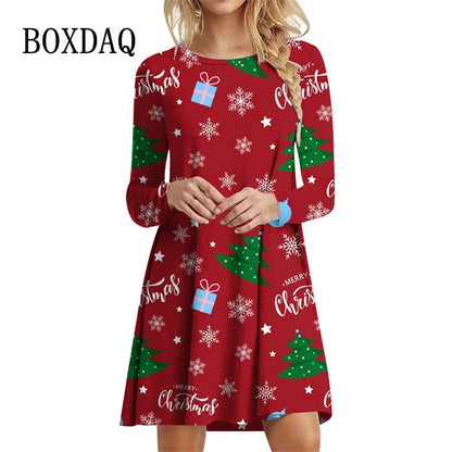 Winter Party Christmas Tree Dress Elegant Women X-Mas Snowflake Print A-Line Dress Autumn Casual Long Sleeve Oversized Clothing