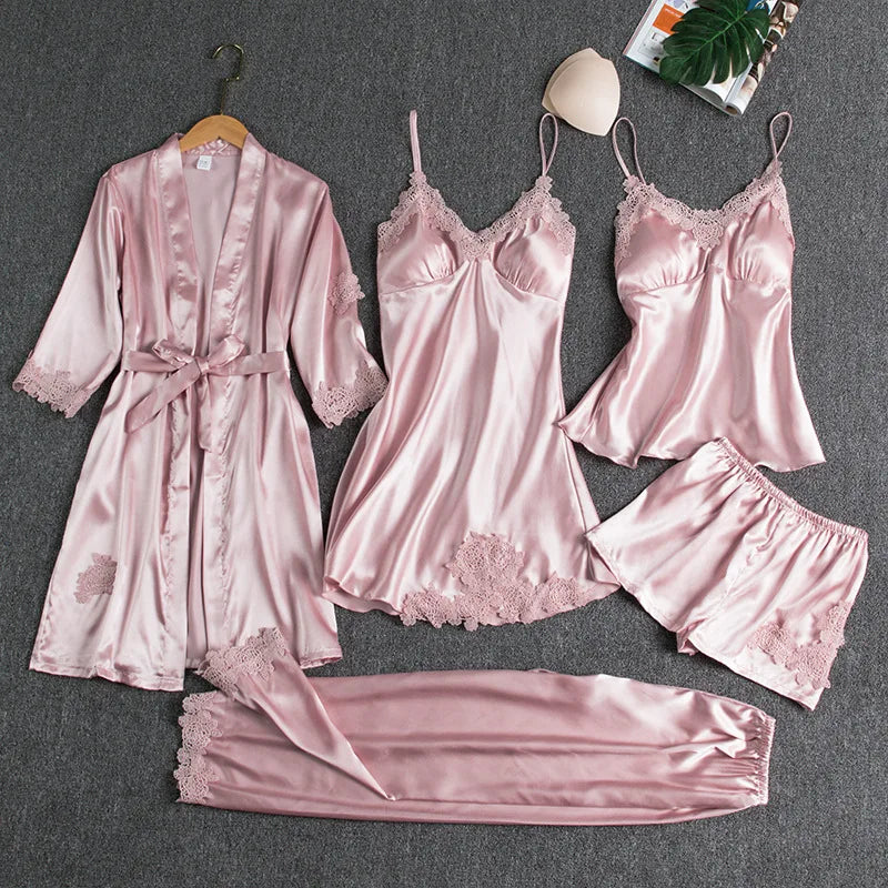 Female 5PCS Pajamas Set Spring Summer Silk Satin Sleepwear Pyjama Pour Femme Sleepwear Sexy Loose Lace Lounge Wear Pijamas Suit