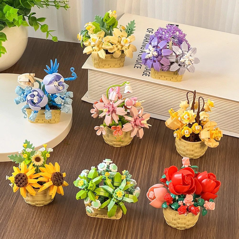 HUIQIBAO Eternal Flower Model Bouquet Potted Plant Micro Building Blocks MOC DIY Home Desk Decoration Brick Toy For Children