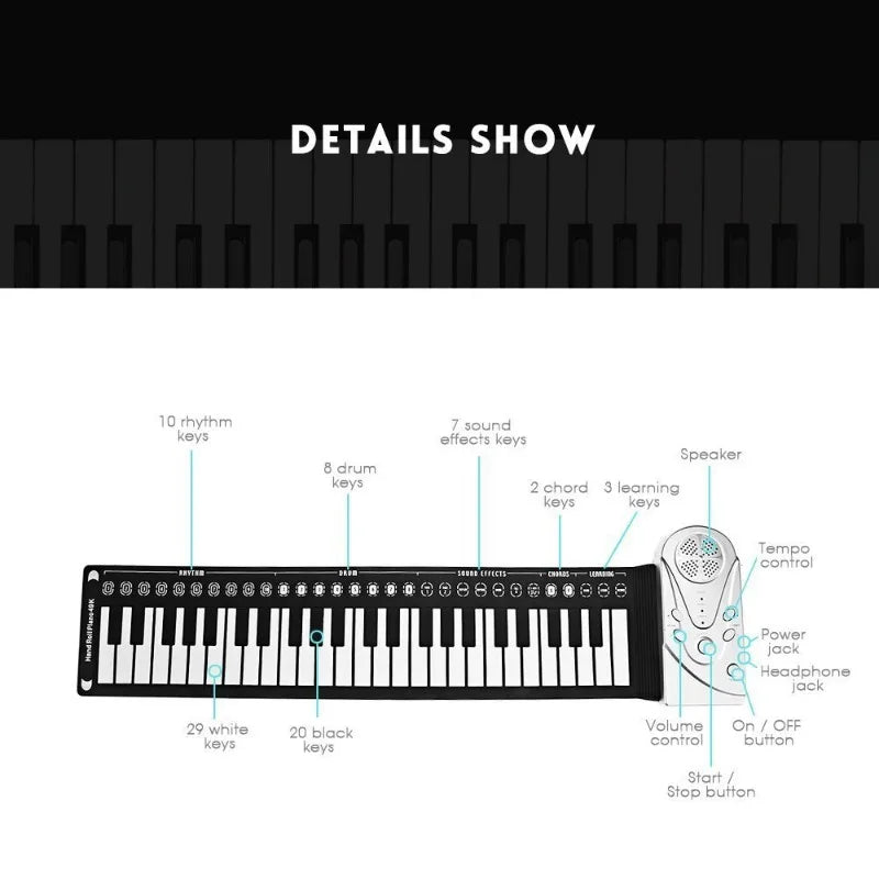 Portable 49-Key Hand Roll Portable Piano Flexible Silicone Roll Up Folding Electronic Keyboard Best Christmas Gift for Kids