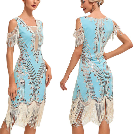 1920s Vintage Flapper Great Gatsby Party Dress V-neck Sleeveless Sequin Beaded Style Style Tassel Flapper Vestidos Feminina 1920