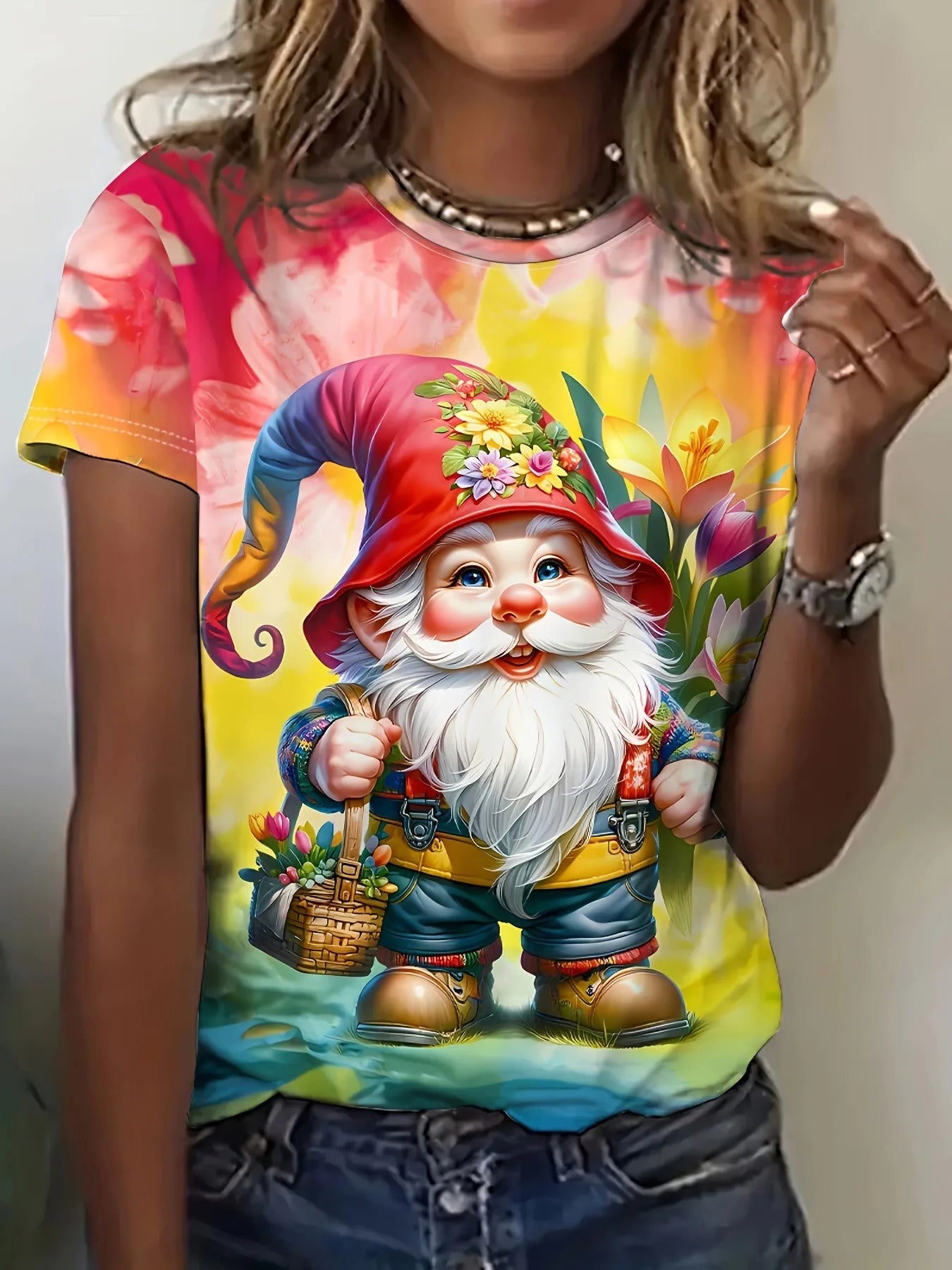 Bee Genie Gnomes Printed Womens T-shirt Comfortable Crew Neck Short Sleeves Summer Style Casual Woman Clothing