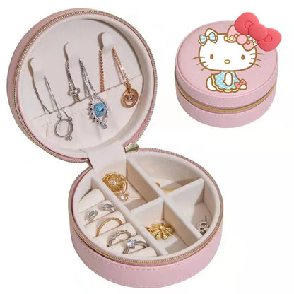 Sanrios Cinnamoroll Kuromi Mymelody round Jewelry Storage Box PU Leather Earrings Necklace Ring Jewelry Organizer Container Gift