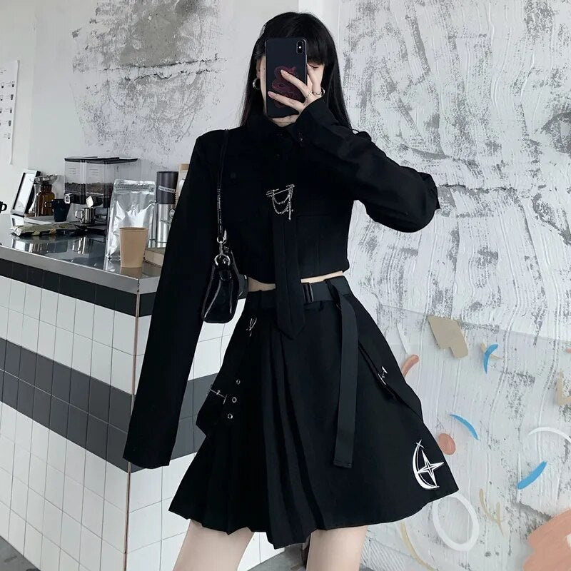 EMO Gothic Cargo Shirt Suit E Punk Chain Ribbon Skirts Goth Dress Autumn Streetwear Harajuku Black Grunge Aesthetic Clothes