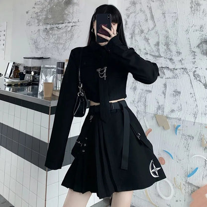 EMO Gothic Cargo Shirt Suit E Punk Chain Ribbon Skirts Goth Dress Autumn Streetwear Harajuku Black Grunge Aesthetic Clothes