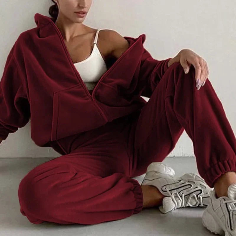 Women Tracksuit Autumn Winter Fleece Two Piece Sets Elegant Solid Oversized Warm Hoodies+Long Pant Sports Suit Ensemble Femme