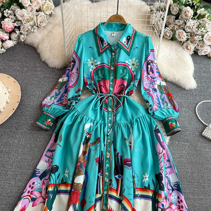 Luxury Designer Runway Dresses Women Polo Neck Lantern Sleeve Loose Lace-up Single Breasted Retro Floral Print Senior Maxi Dress