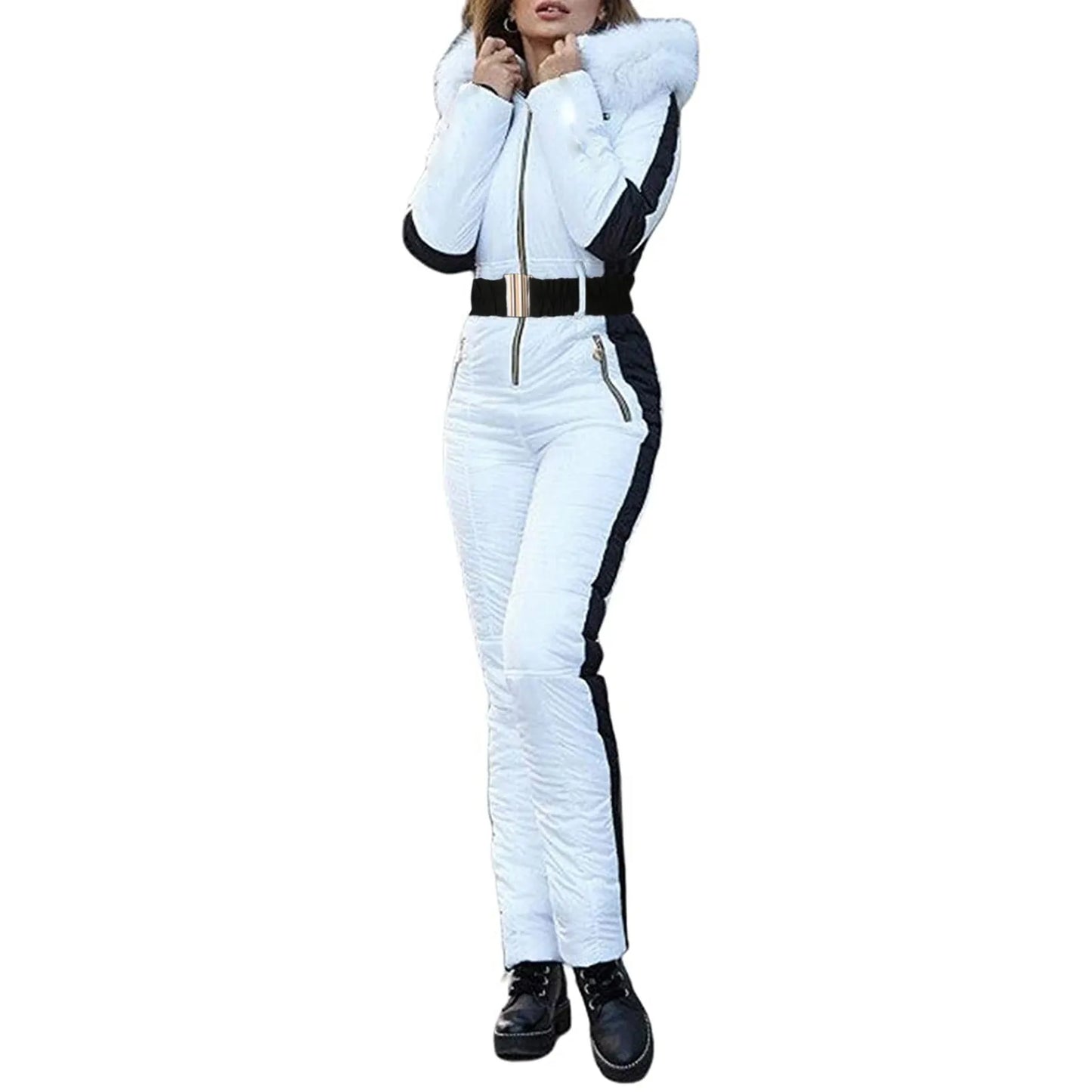 Women One Piece Ski Jumpsuit With Fur Collar Outdoor Sports Zipper Overalls Cotton Bodysuitski Suit Winter Hooded Parka Jumpsuit