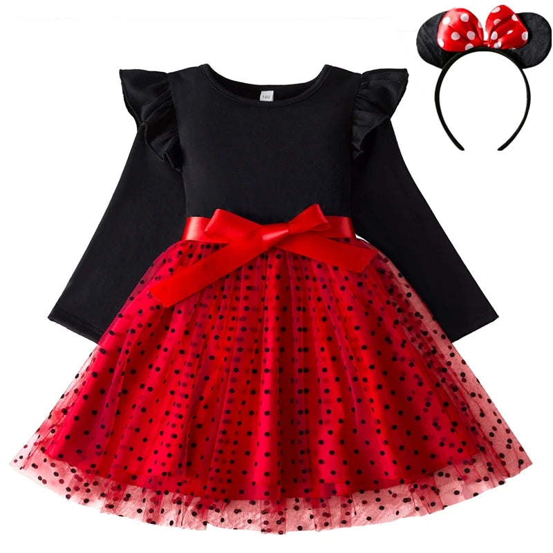 Girls Dress Polka Dot Princess Dresses+Minni Mouse Ear Headband Cosplay Costume Kids Halloween Party Christmas Fancy Dressing Up