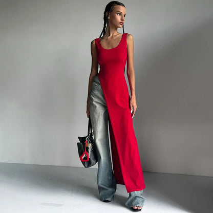 DSMTRC Sexy Sleeveless High Split Long Dresses High Street Fashion Asymmetrical Summer Dress Women 2024 Solid Red Black Vestidos