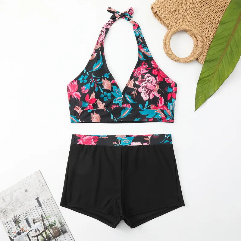 High Quality Design Sexy Women's Bikini Set Pool Swimsuit Retro Fresh Leaf Print Hanging Neck Strap Swimsuit Two Piece Shorts