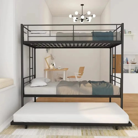 Twin Over Twin Bunk Bed with Trundle, Twin Bunk Beds for 3 Kids/Youths, Metal Bunkbed W/ 2 Ladders & Full-Length Guardrails