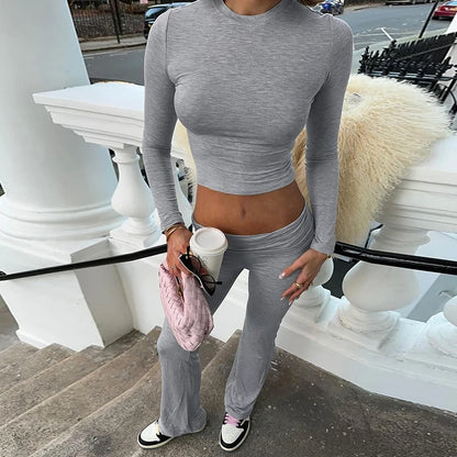 Rockmore Casual Minimalist Solid Women's Long Sleeve Crew Neck T Shirts Low Waist Pants Sets Comfy Breathable Two Piece Outfits