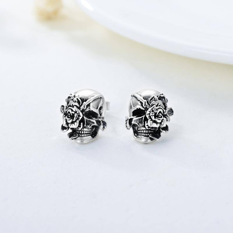 Sterling Silver Rose Flower Skull Stud Earrings Silver Skull Halloween Gift for Women Men