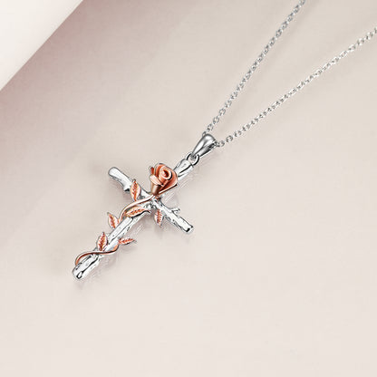 Sterling Silver Rose Gold Plated Religious Cross Pendant Necklace with Rose Flower Jewelry