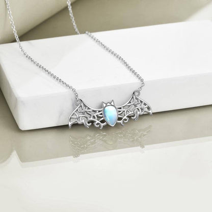 Moonstone Bat Necklace for Women S925 Sterling Silver Celtic Bat Pendant Irish Jewelry Halloween Christmas Gifts for Girls