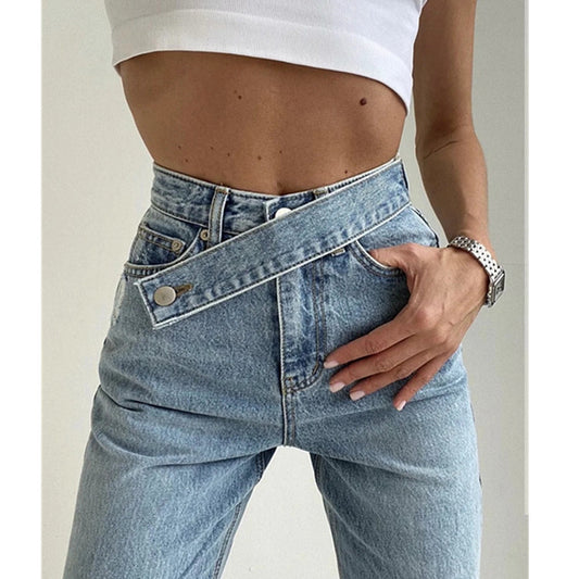 Oblique Belt High Waist Mopping Denim Wide Leg Pants