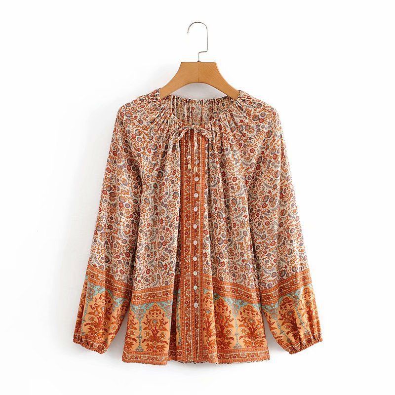 Colorblock positioning printing loose blouse