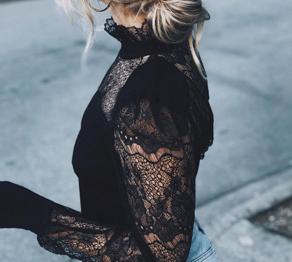 Fashion Casual Women's Ladies Blouses Long Sleeves Sheer Tops Floral Lace Blouse Shirt Top Blouse Black Clothing Turtleneck
