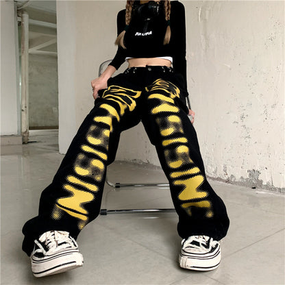 Harajuku Style Letter Print Straight Leg Women's High Waist Jeans