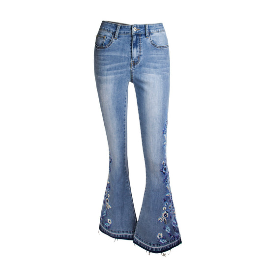 Denim Embroidered Women's Trousers, Wide-Leg Washed Flared Jeans, Plus Size Trousers