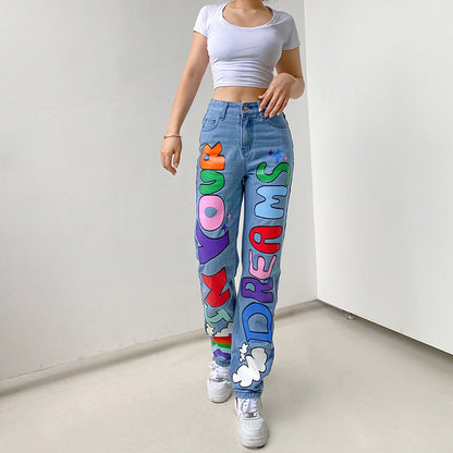 Sexy Contrast Color Letters Graffiti Print Loose Jeans