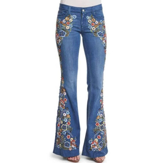 Embroidered Slim Slimming Washed Flared Pants