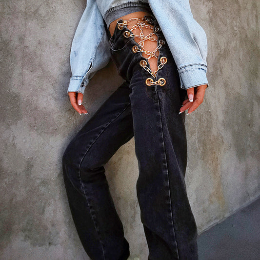 High-rise chain straight-leg jeans