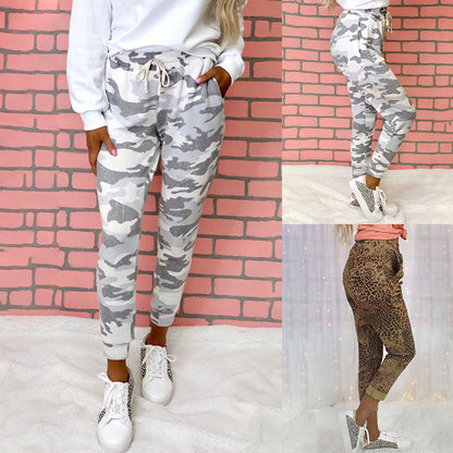 Printed Slim High-waist Lace-up Casual Trousers