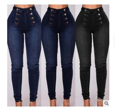 High-waisted Casual Jeans Trousers Double Row Multi-button