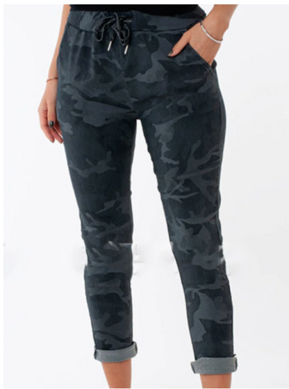 Printed Slim High-waist Lace-up Casual Trousers