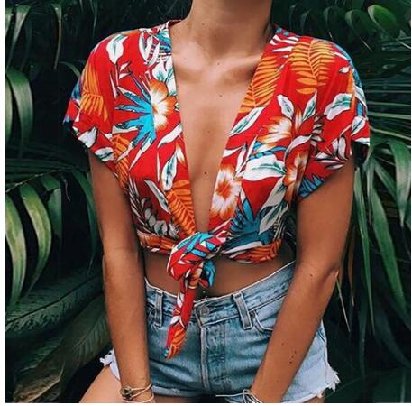 Print short-sleeved short blouse