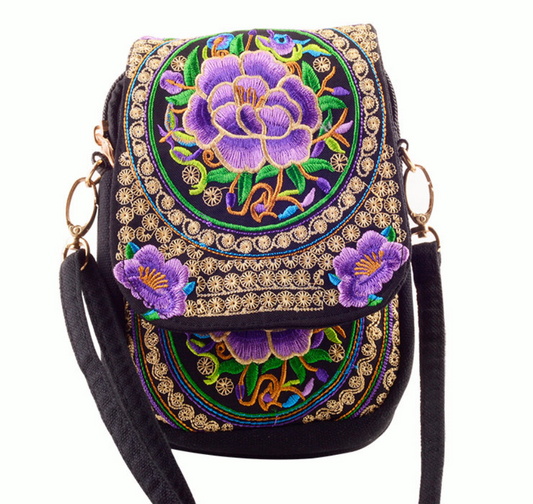 Yunnan National Embroidery Bag Embroidered Canvas Mobile Phone Bag Three-layer Coin Purse Women's Small Crossbody Bag