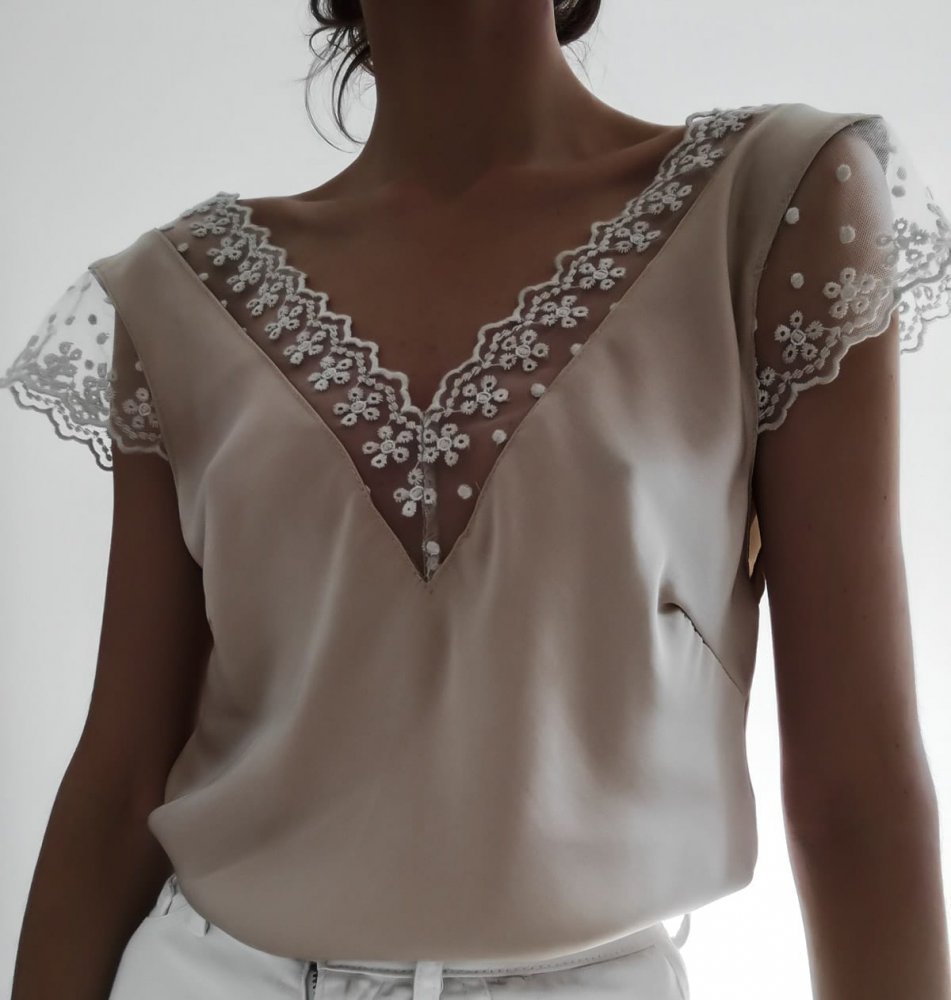 Hollow lace wavy deep V blouse