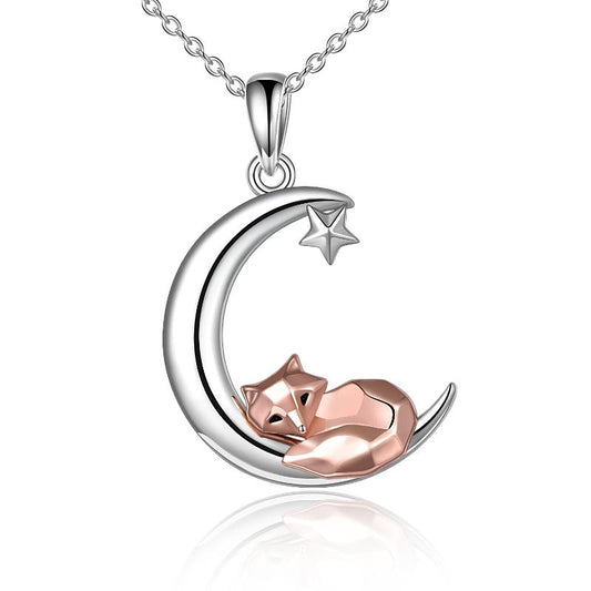 Fox Necklace Sterling Silver Origami Moon Fox Pendant Jewelry for Women Mom Wife