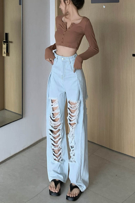 Ripped Straight  High Waist Wide Leg Pants Loose Mopping